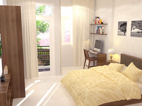 Phòng ngủ bố mẹ tận kết hợp làm làm việt , cửa sổ và cửa đi ra ban công làm không gian tràn ngập ánh sáng.